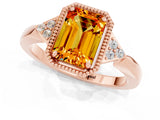 Rose gold Emerald Cut Citrine Halo Ring with Tapered Band and Four-Prong Setting_1