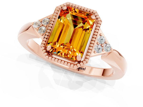 Rose gold Emerald Cut Citrine Halo Ring with Tapered Band and Four-Prong Setting