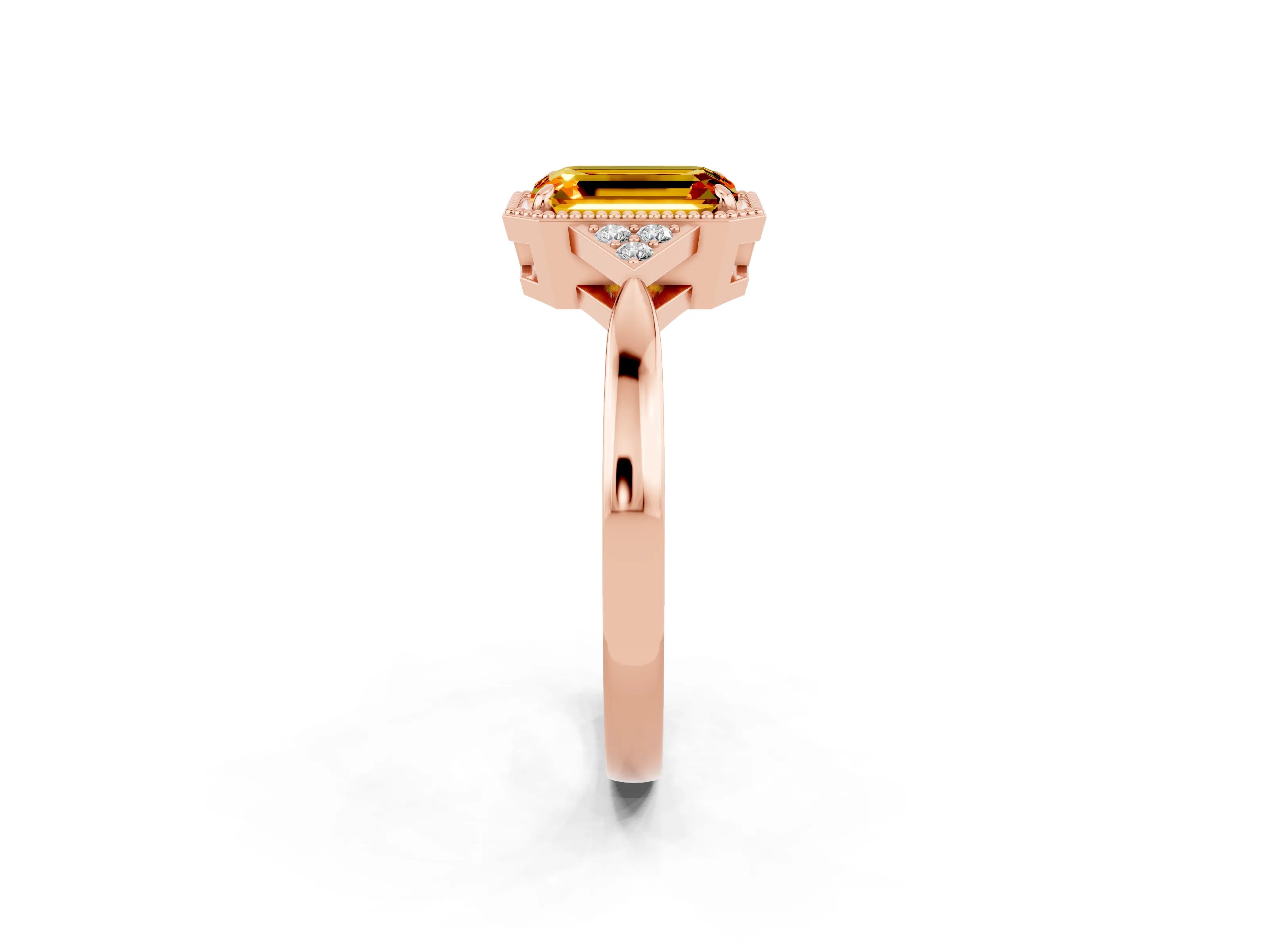 Rose gold Emerald Cut Citrine Halo Ring with Tapered Band and Four-Prong Setting_2