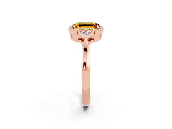 Rose gold Emerald Cut Citrine Halo Ring with Tapered Band and Four-Prong Setting