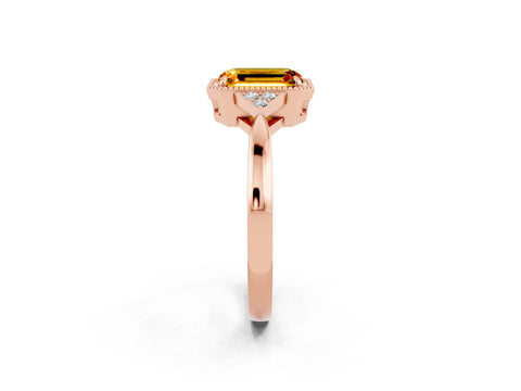 Rose gold Emerald Cut Citrine Halo Ring with Tapered Band and Four-Prong Setting_2