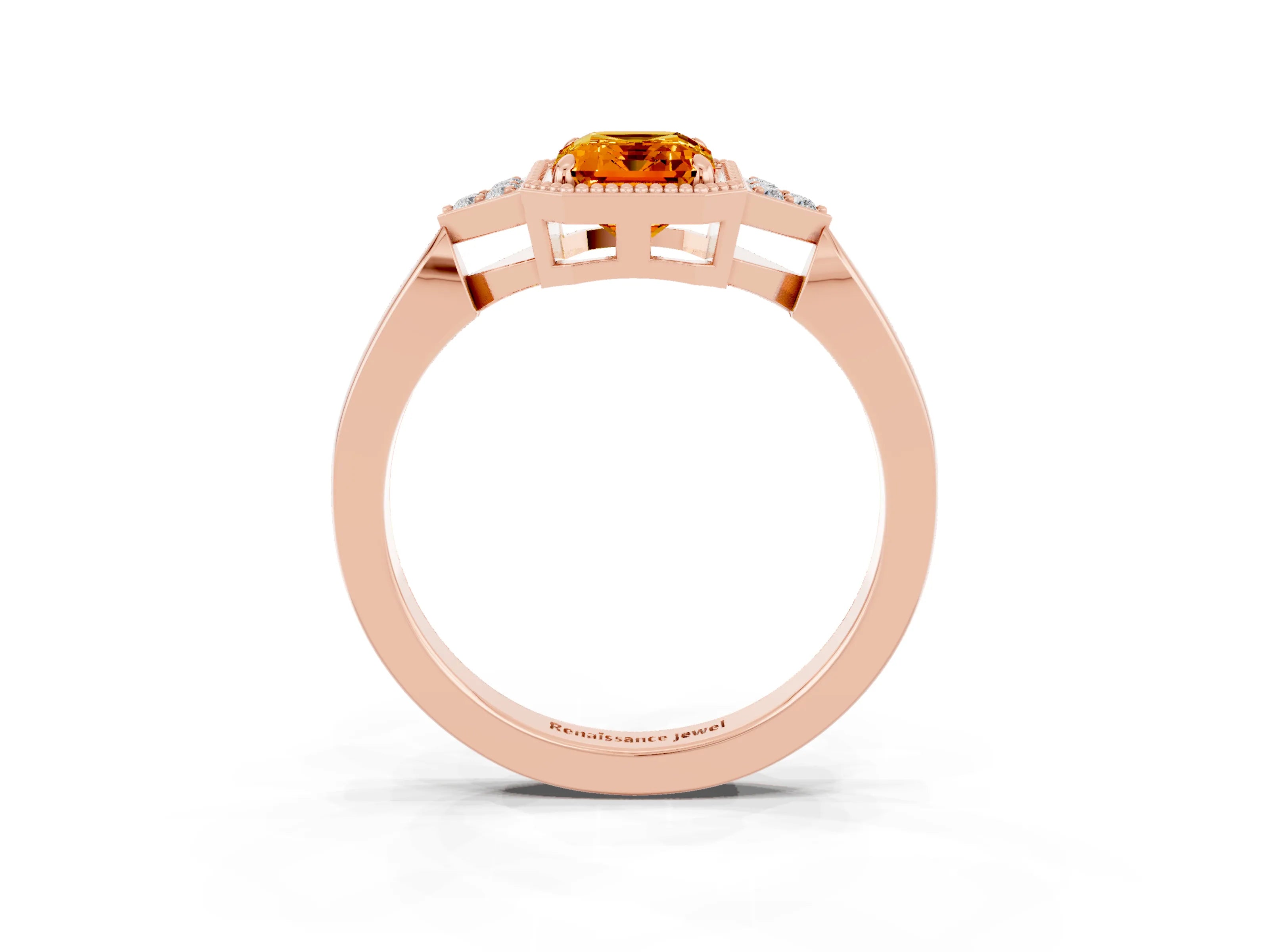 Rose gold Emerald Cut Citrine Halo Ring with Tapered Band and Four-Prong Setting_3