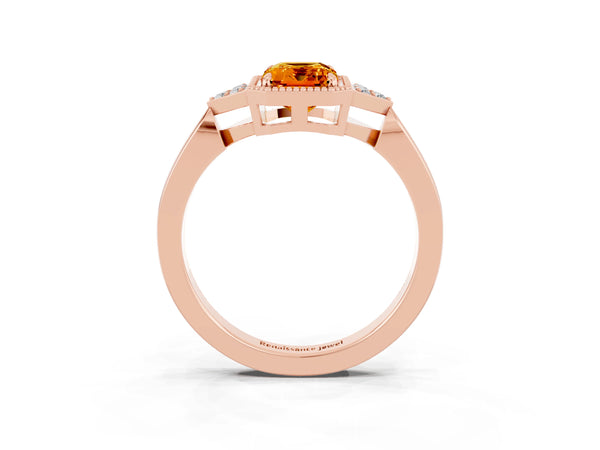Rose gold Emerald Cut Citrine Halo Ring with Tapered Band and Four-Prong Setting
