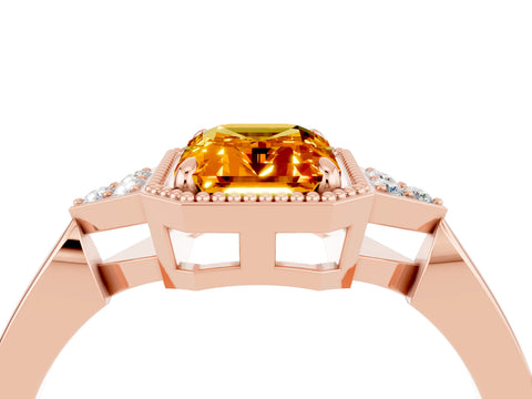 Rose gold Emerald Cut Citrine Halo Ring with Tapered Band and Four-Prong Setting_4