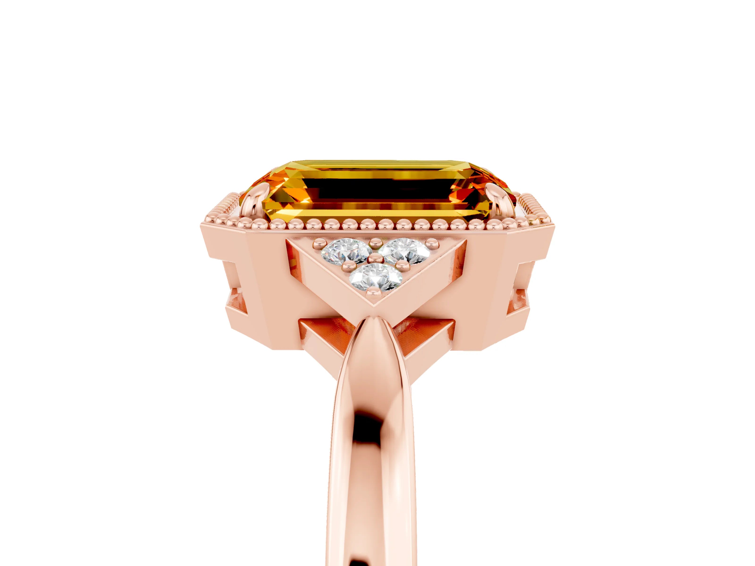 Rose gold Emerald Cut Citrine Halo Ring with Tapered Band and Four-Prong Setting_5