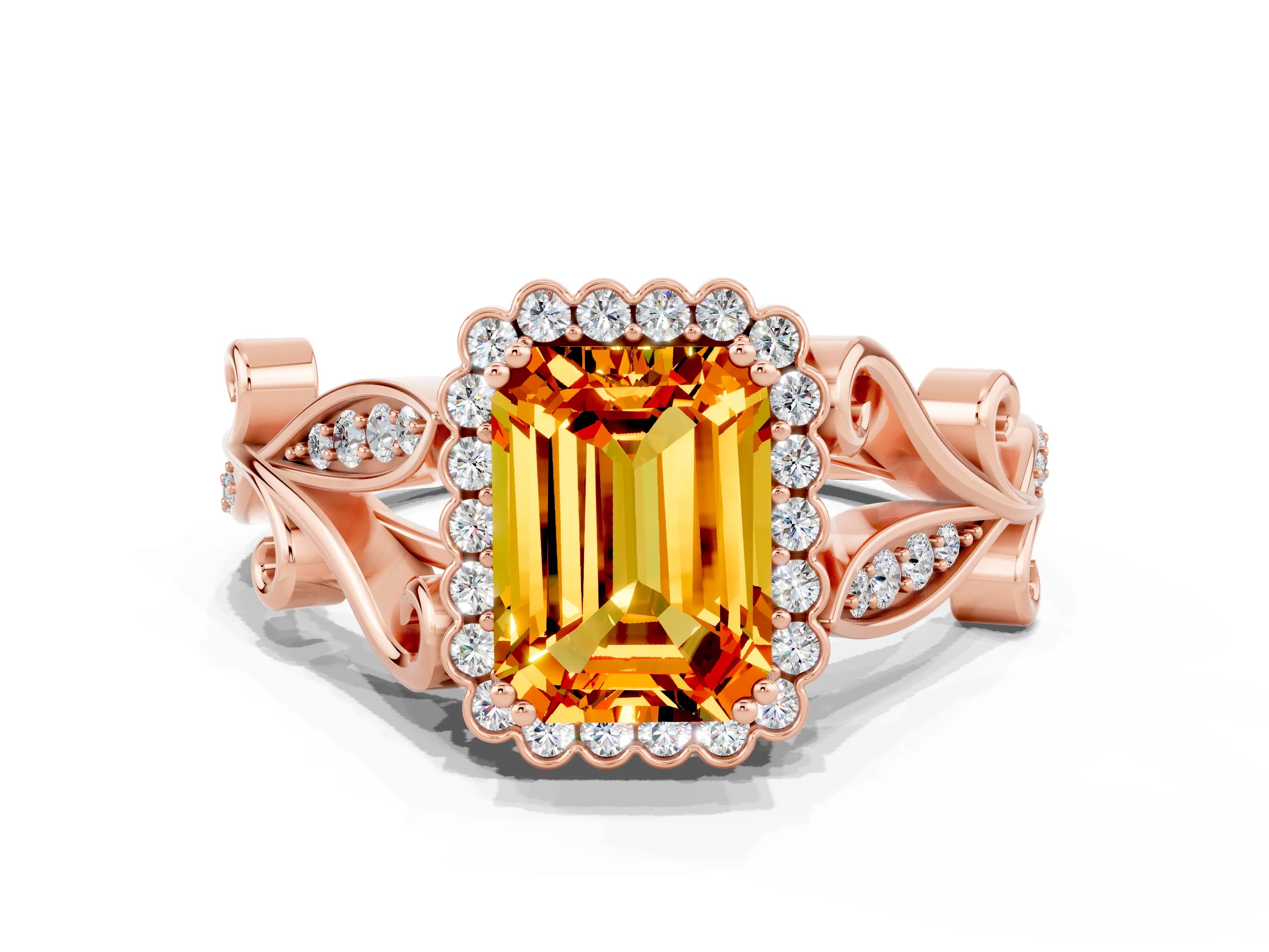 Rose gold Emerald Cut Citrine Halo Ring with Vintage Split Shank and Four-Prong Setting