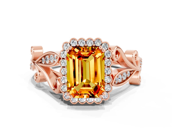 Rose gold Emerald Cut Citrine Halo Ring with Vintage Split Shank and Four-Prong Setting