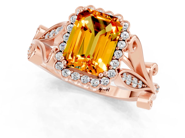 Rose gold Emerald Cut Citrine Halo Ring with Vintage Split Shank and Four-Prong Setting