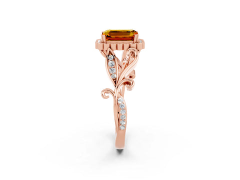 Rose gold Emerald Cut Citrine Halo Ring with Vintage Split Shank and Four-Prong Setting_2