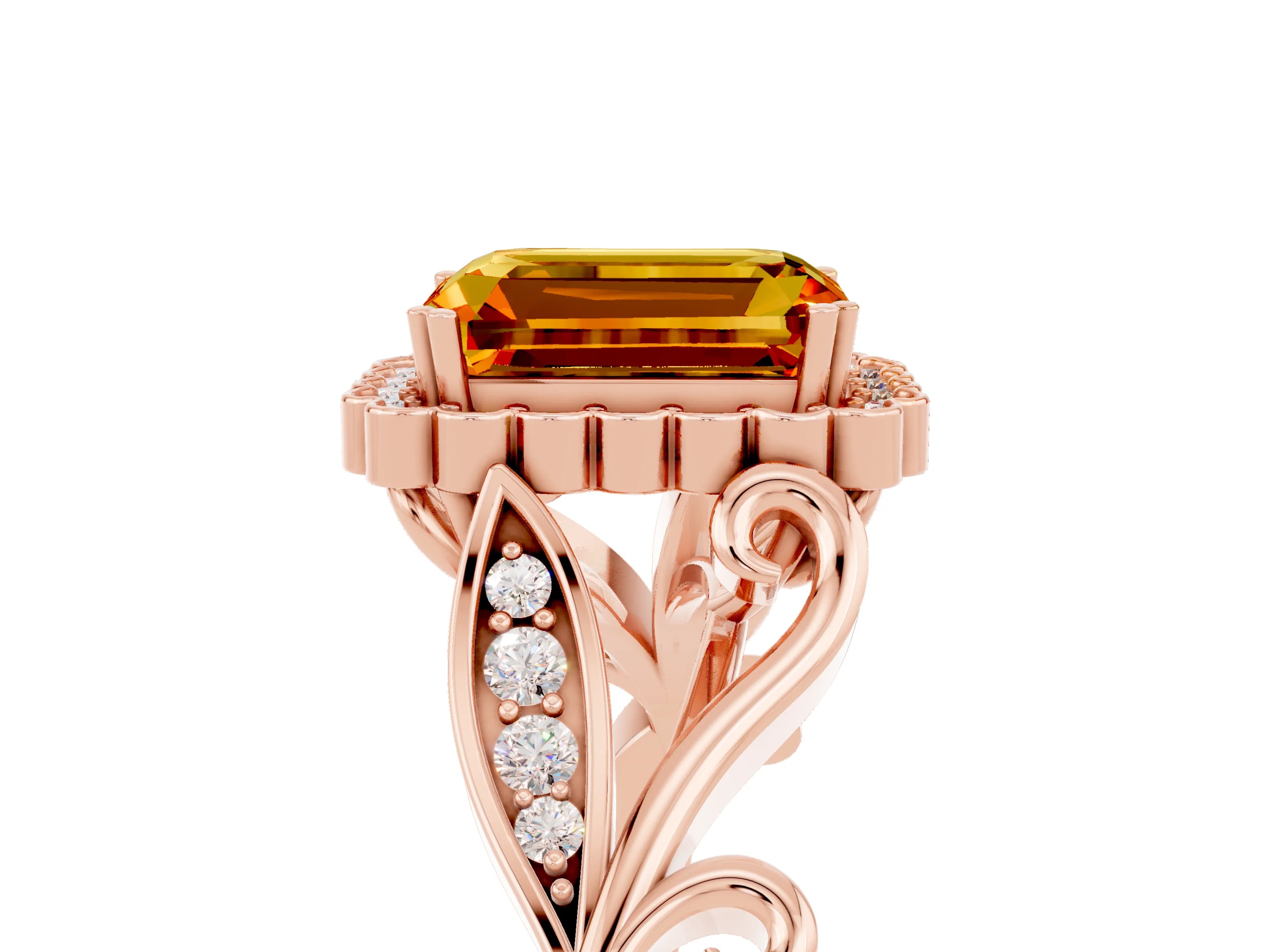 Rose gold Emerald Cut Citrine Halo Ring with Vintage Split Shank and Four-Prong Setting_5
