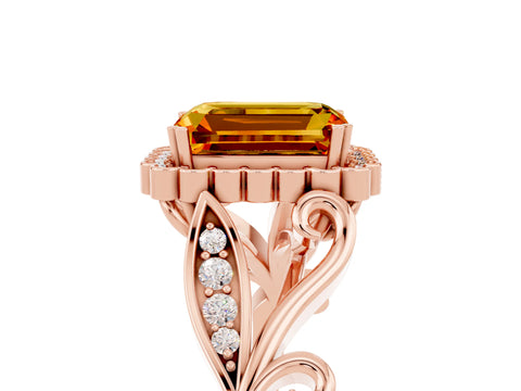 Rose gold Emerald Cut Citrine Halo Ring with Vintage Split Shank and Four-Prong Setting_5