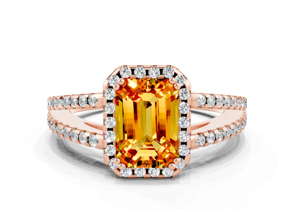 Rose gold Emerald Cut Citrine Halo Split Shank Engagement Ring