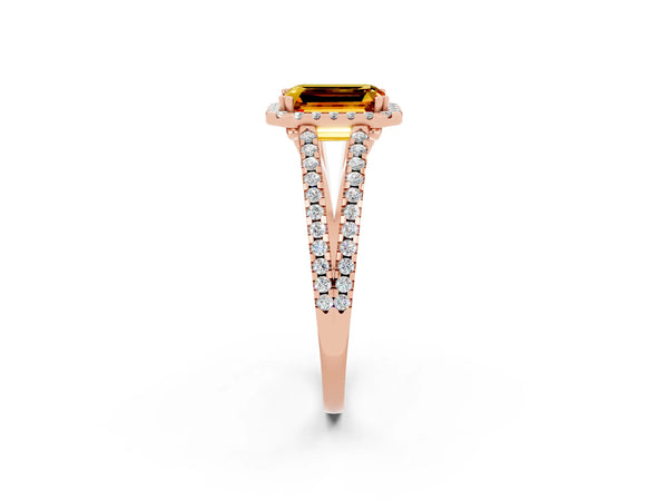 Rose gold Emerald Cut Citrine Halo Split Shank Engagement Ring