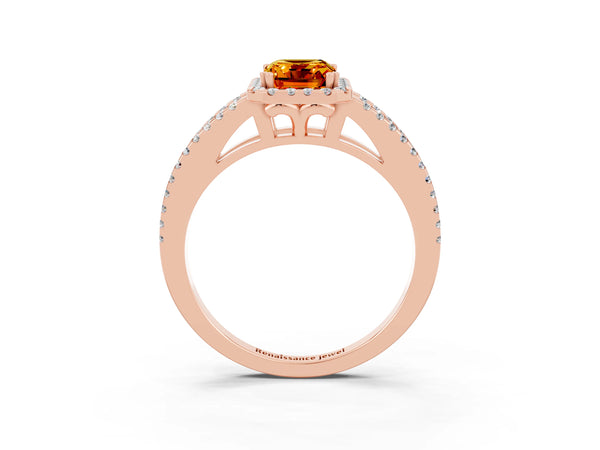 Rose gold Emerald Cut Citrine Halo Split Shank Engagement Ring