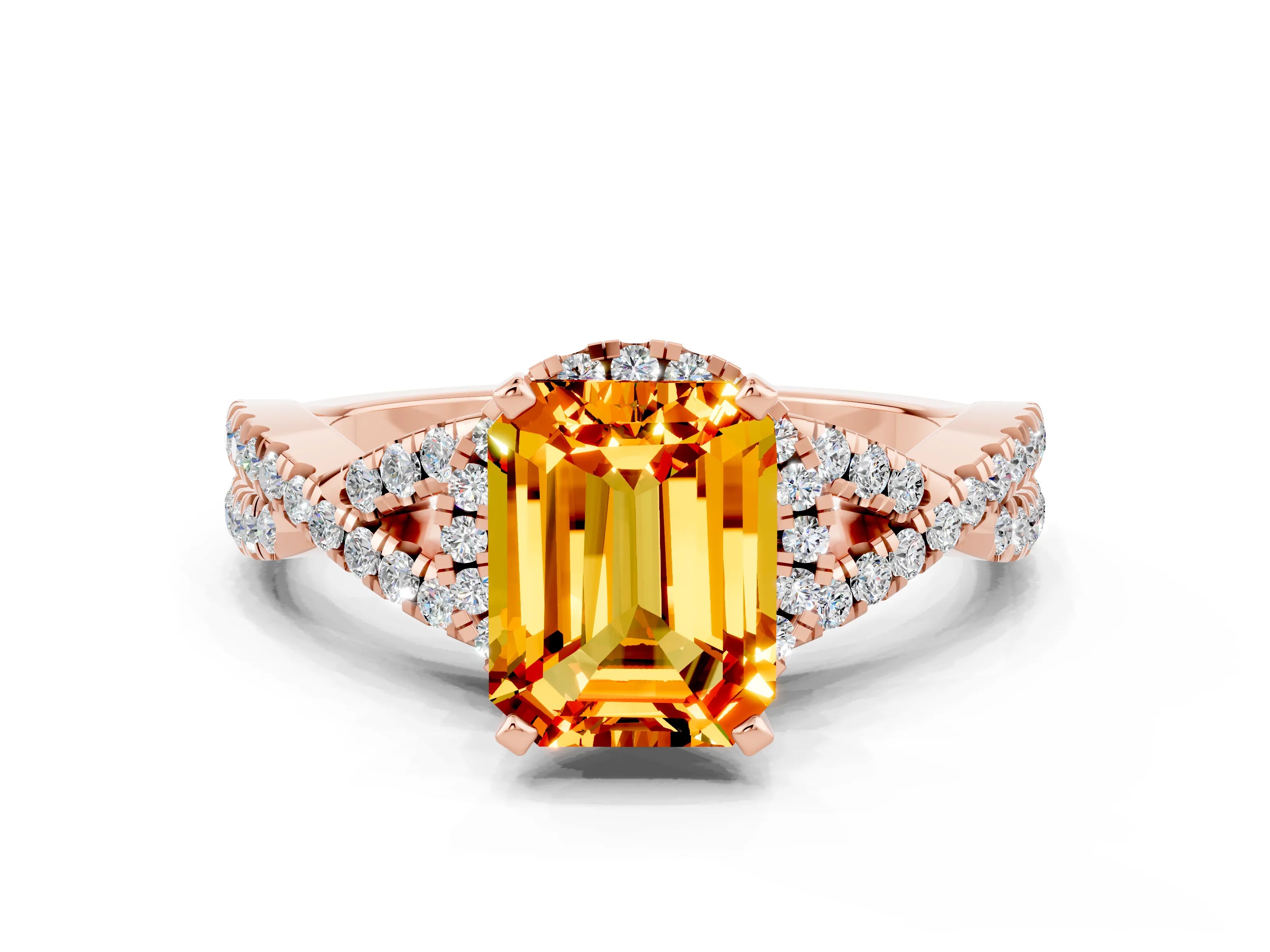 Rose gold Emerald Cut Citrine Halo Twist Band Solitaire Prong Setting Ring