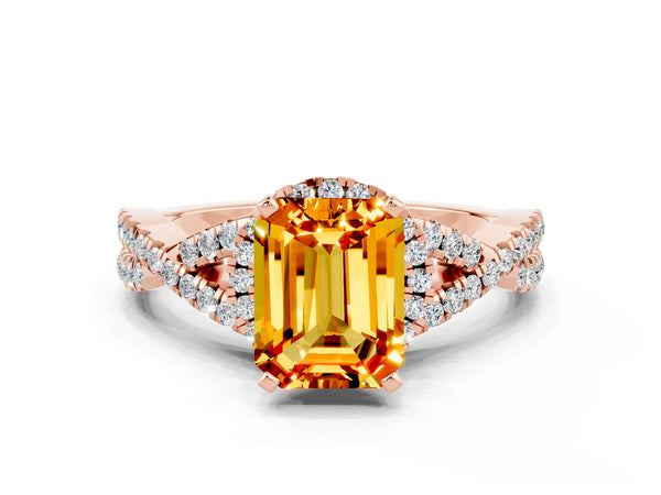 Rose gold Emerald Cut Citrine  Halo Twist Band Solitaire Prong Setting Ring