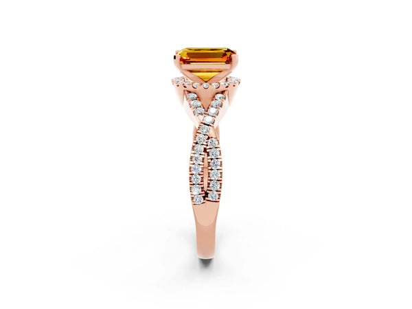 Rose gold Emerald Cut Citrine  Halo Twist Band Solitaire Prong Setting Ring