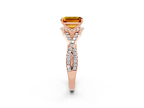 Rose gold Emerald Cut Citrine Halo Twist Band Solitaire Prong Setting Ring_2