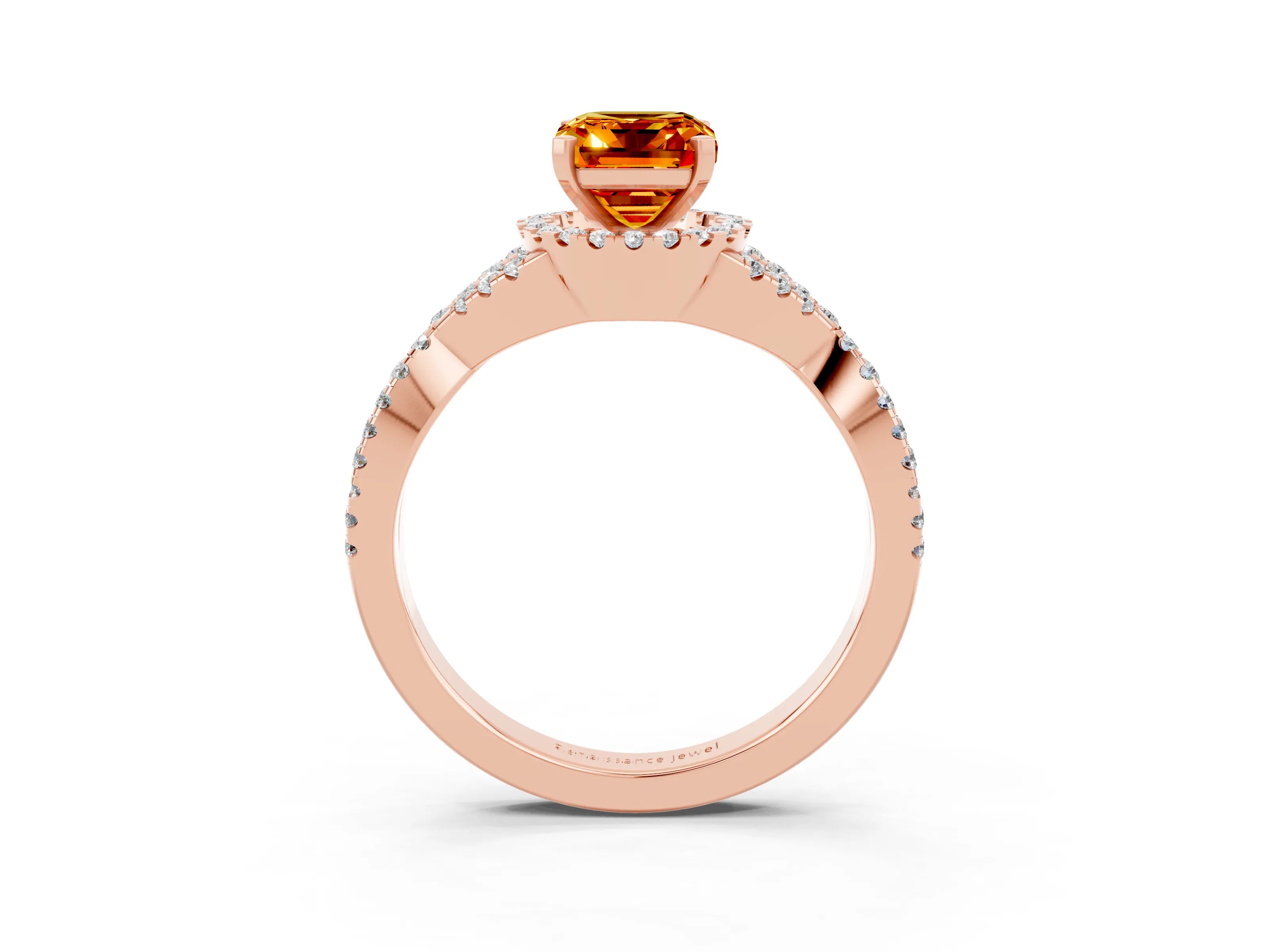 Rose gold Emerald Cut Citrine Halo Twist Band Solitaire Prong Setting Ring_3