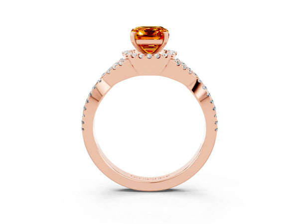 Rose gold Emerald Cut Citrine  Halo Twist Band Solitaire Prong Setting Ring