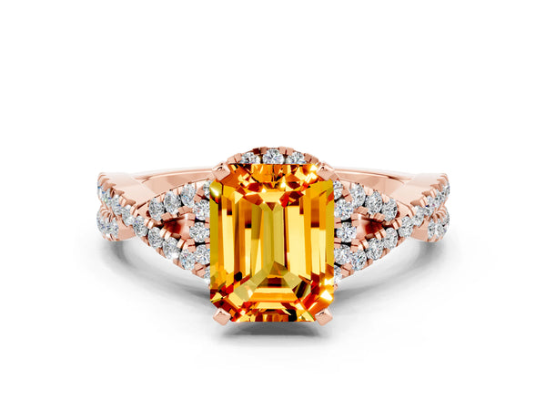 Rose gold Emerald Cut Citrine  Halo Twist Band Solitaire Prong Setting Ring