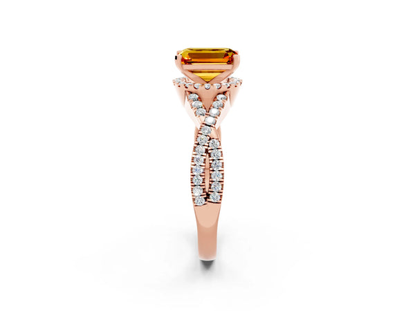 Rose gold Emerald Cut Citrine  Halo Twist Band Solitaire Prong Setting Ring