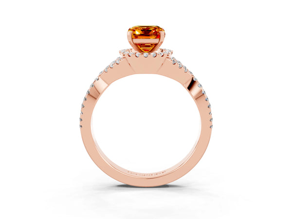 Rose gold Emerald Cut Citrine  Halo Twist Band Solitaire Prong Setting Ring