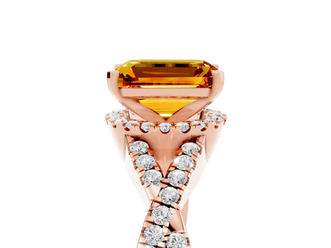 Rose gold Emerald Cut Citrine Halo Twist Band Solitaire Prong Setting Ring_5