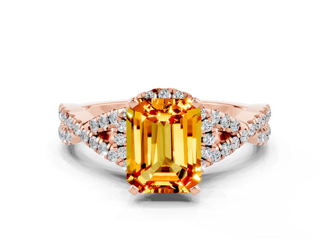 Rose gold Emerald Cut Citrine Halo Twist Band Solitaire Prong Setting Ring