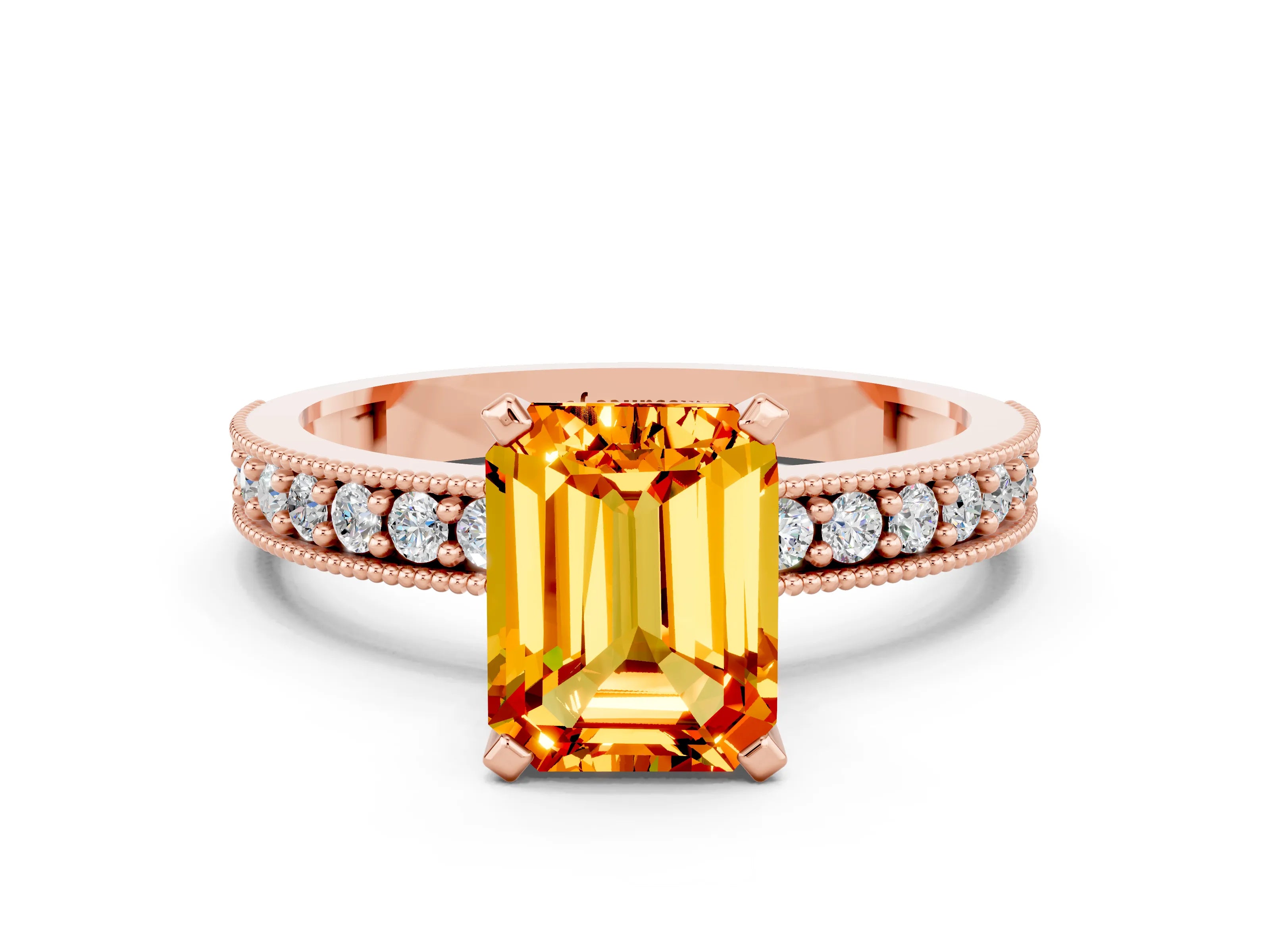 Rose gold Emerald Cut Citrine Milgrain Pavé Engagement Ring with Four-Prong Setting_12