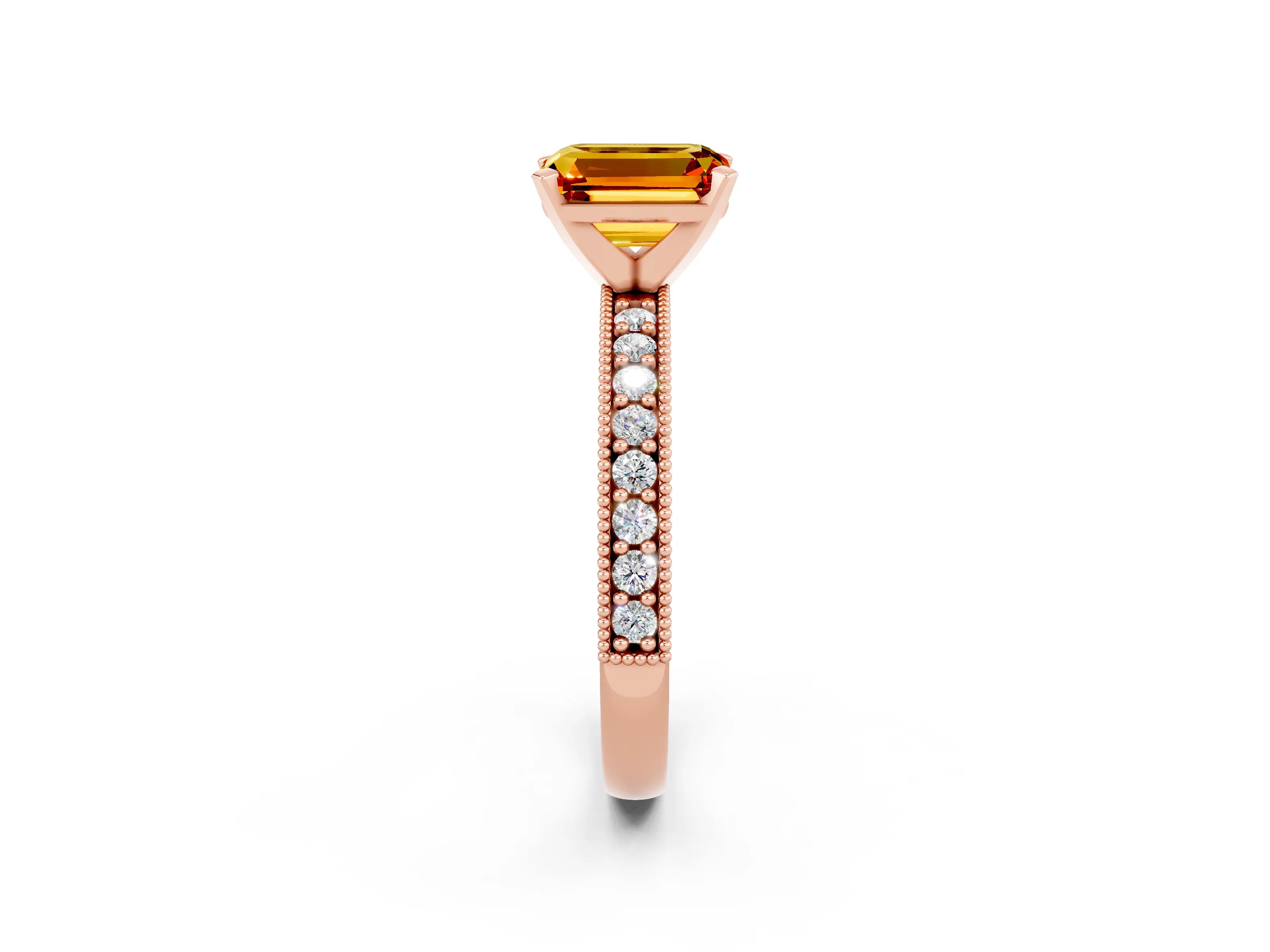 Rose gold Emerald Cut Citrine Milgrain Pavé Engagement Ring with Four-Prong Setting_14