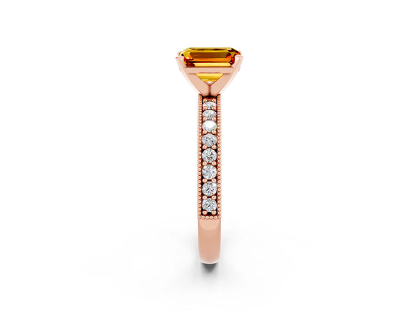 Rose gold Emerald Cut Citrine Milgrain Pavé Engagement Ring with Four-Prong Setting