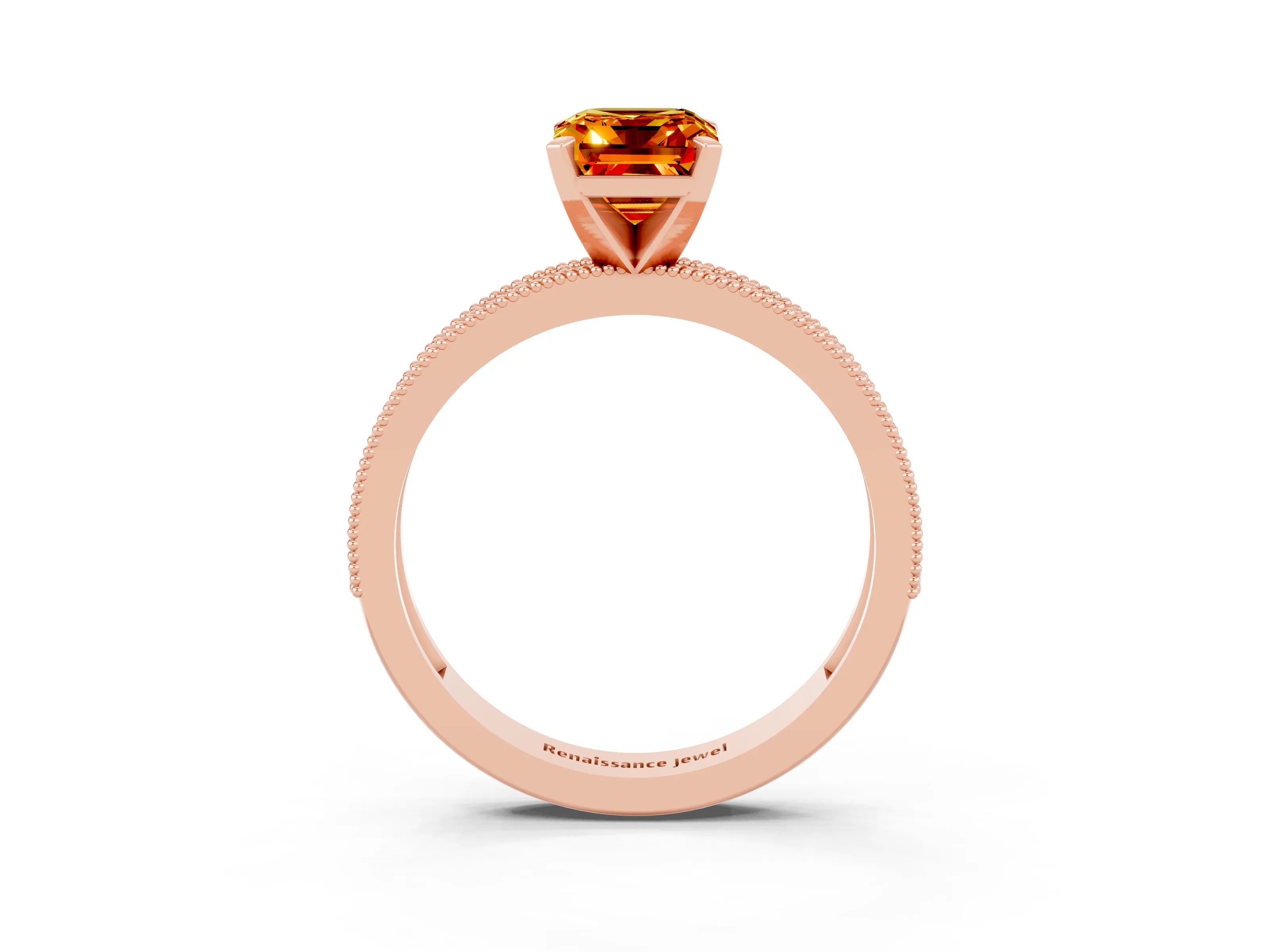 Rose gold Emerald Cut Citrine Milgrain Pavé Engagement Ring with Four-Prong Setting_15