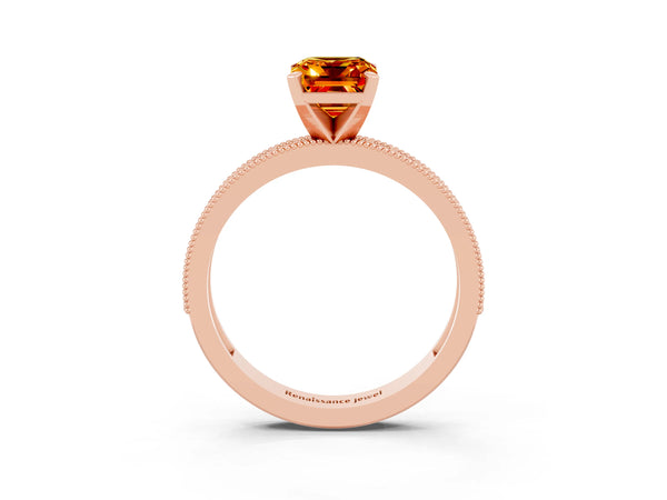 Rose gold Emerald Cut Citrine Milgrain Pavé Engagement Ring with Four-Prong Setting