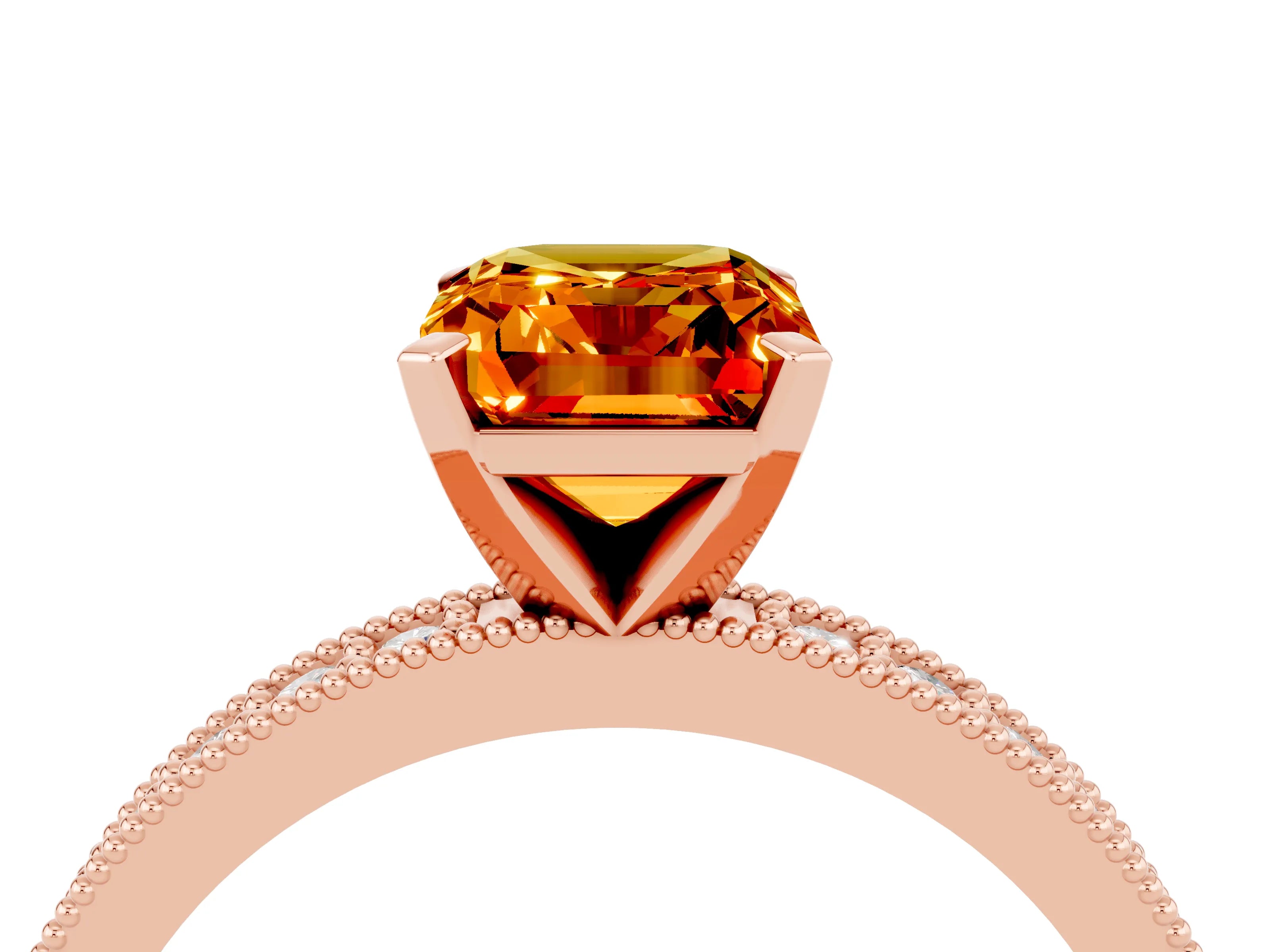 Rose gold Emerald Cut Citrine Milgrain Pavé Engagement Ring with Four-Prong Setting_16