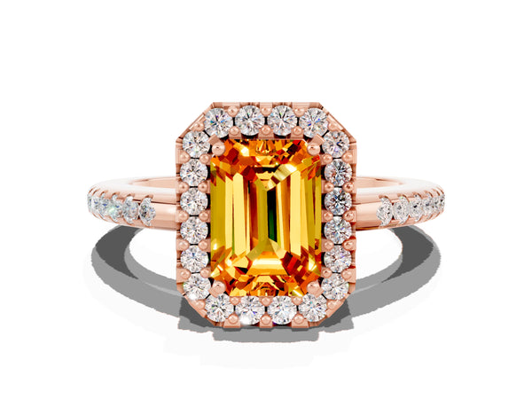 Rose gold Emerald Cut Citrine Pavé Halo Ring with Four-Prong Setting