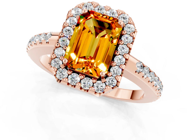 Rose gold Emerald Cut Citrine Pavé Halo Ring with Four-Prong Setting