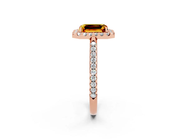 Rose gold Emerald Cut Citrine Pavé Halo Ring with Four-Prong Setting