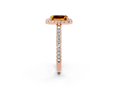 Rose gold Emerald Cut Citrine Pavé Halo Ring with Four-Prong Setting_14