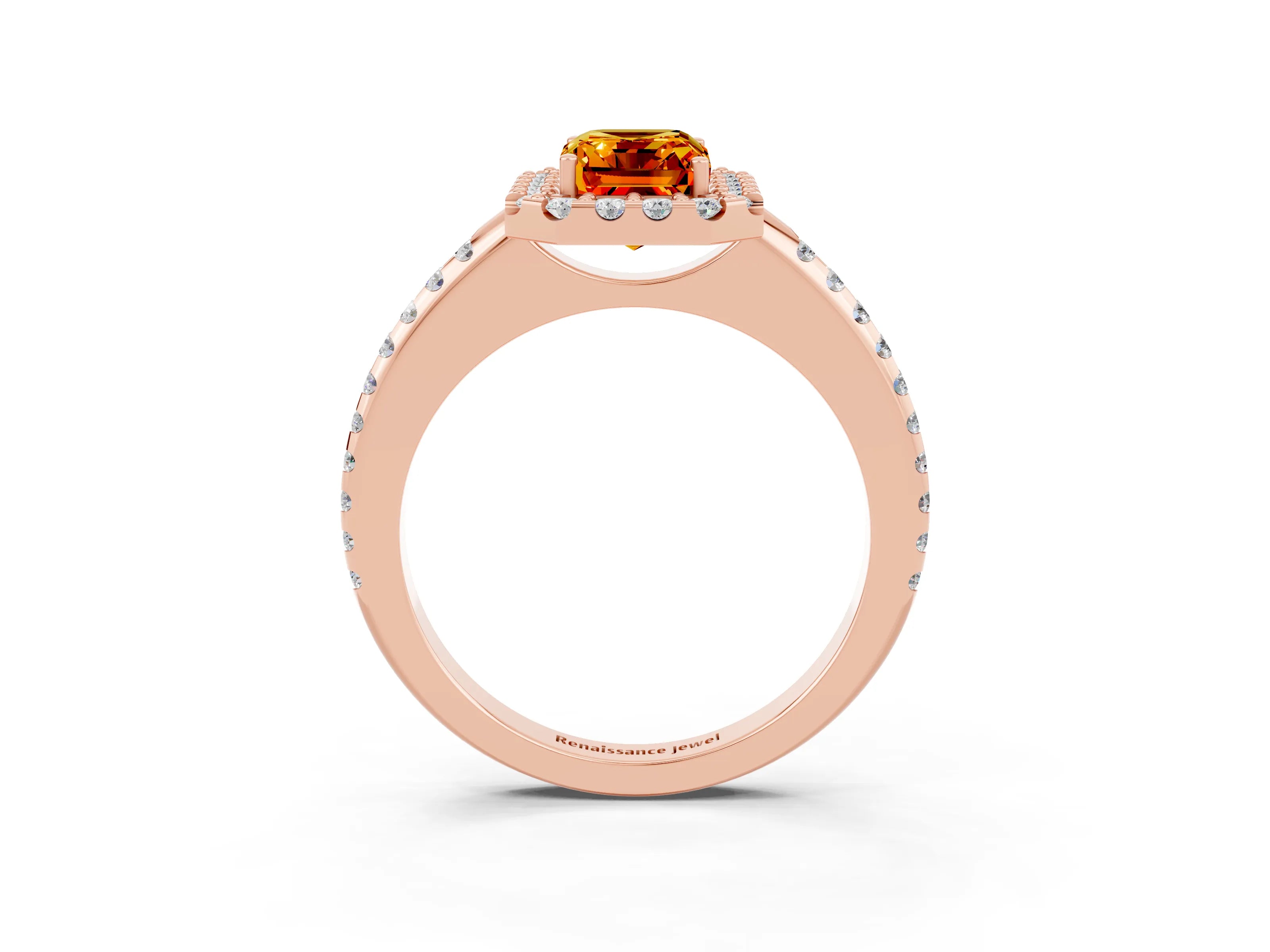 Rose gold Emerald Cut Citrine Pavé Halo Ring with Four-Prong Setting_15