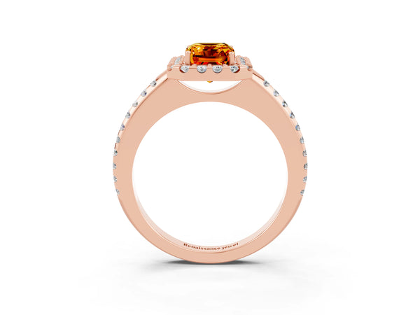 Rose gold Emerald Cut Citrine Pavé Halo Ring with Four-Prong Setting
