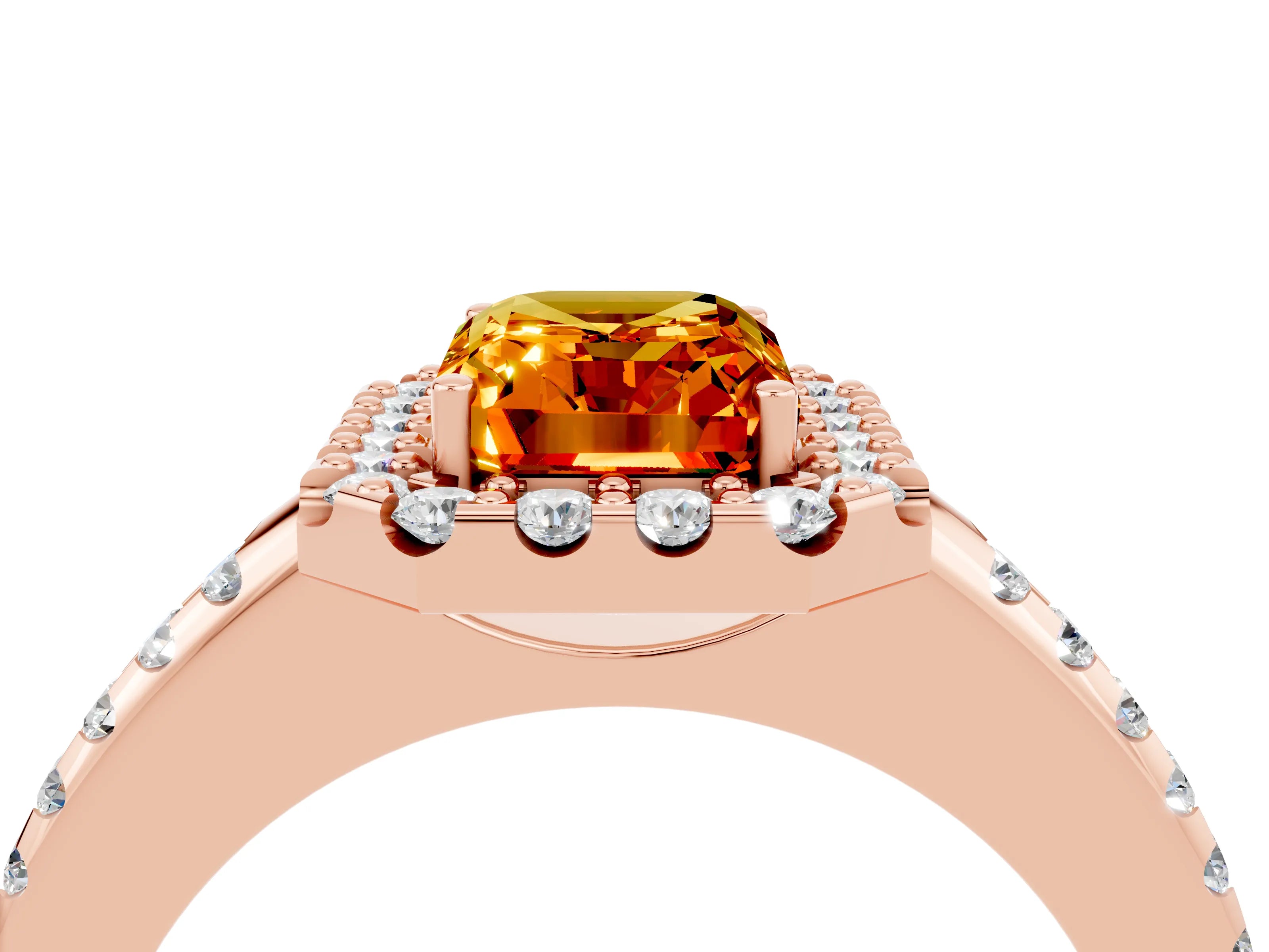 Rose gold Emerald Cut Citrine Pavé Halo Ring with Four-Prong Setting_16