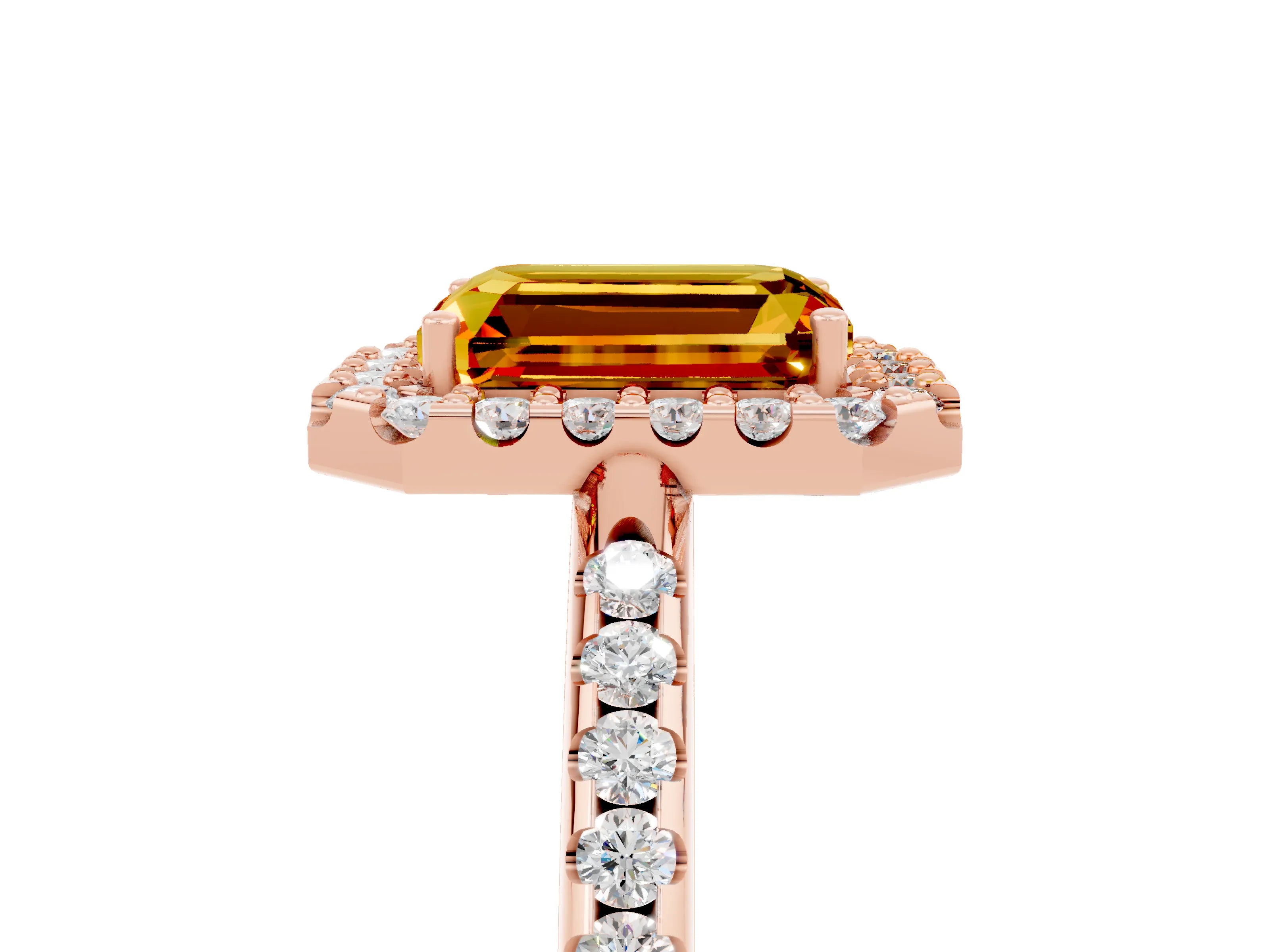 Rose gold Emerald Cut Citrine Pavé Halo Ring with Four-Prong Setting_17