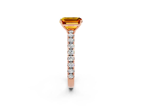 Rose gold Emerald Cut Citrine Pavé Solitaire Engagement Ring with Four-Prong Setting