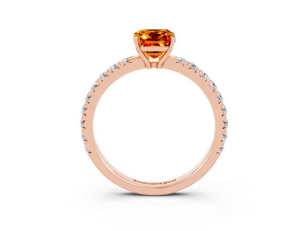Rose gold Emerald Cut Citrine Pavé Solitaire Engagement Ring with Four-Prong Setting