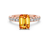 Rose gold Emerald Cut Citrine Pavé Solitaire Ring with Round Band and Prong Setting_12