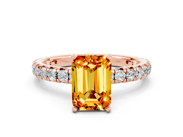 Rose gold Emerald Cut Citrine Pavé Solitaire Ring with Round Band and Prong Setting