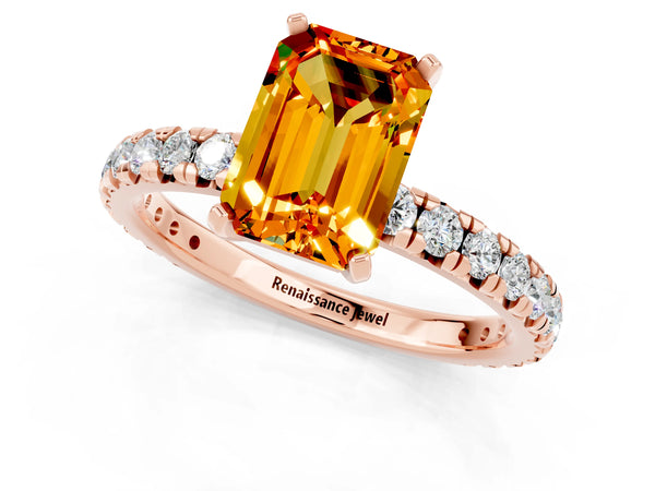Rose gold Emerald Cut Citrine Pavé Solitaire Ring with Round Band and Prong Setting