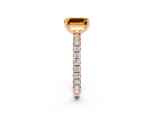Rose gold Emerald Cut Citrine Pavé Solitaire Ring with Round Band and Prong Setting