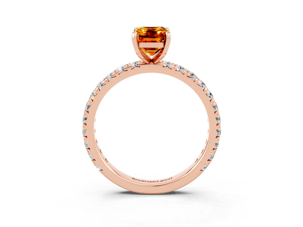 Rose gold Emerald Cut Citrine Pavé Solitaire Ring with Round Band and Prong Setting